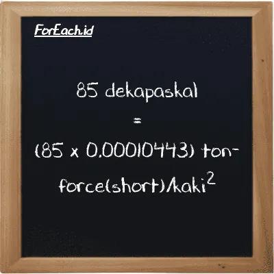 Cara konversi dekapaskal ke ton-force(short)/kaki<sup>2</sup> (daPa ke tf/ft<sup>2</sup>): 85 dekapaskal (daPa) setara dengan 85 dikalikan dengan 0.00010443 ton-force(short)/kaki<sup>2</sup> (tf/ft<sup>2</sup>)